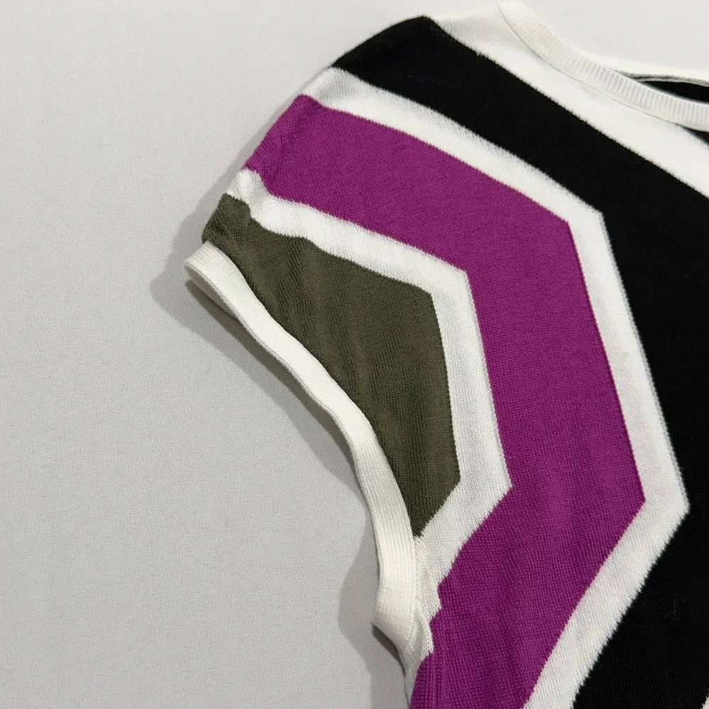 Chicos Knit Top Womens 2 L Purple Black Geometric Cap Sleeve Cotton Blend Mod